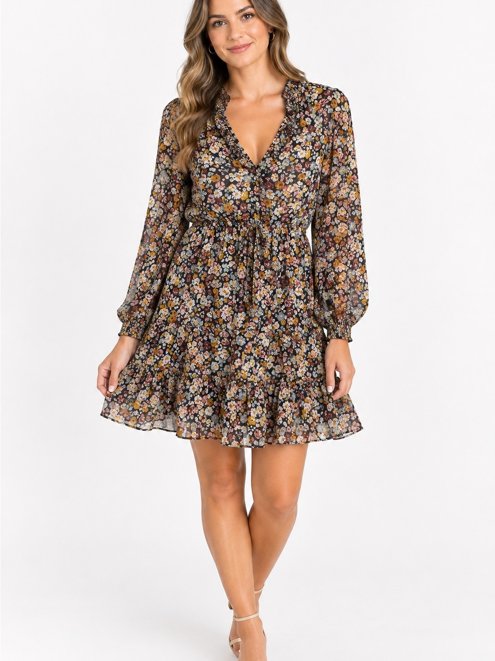Zara Black Multi Floral VβNeck Tiered LongβSleeve Dress